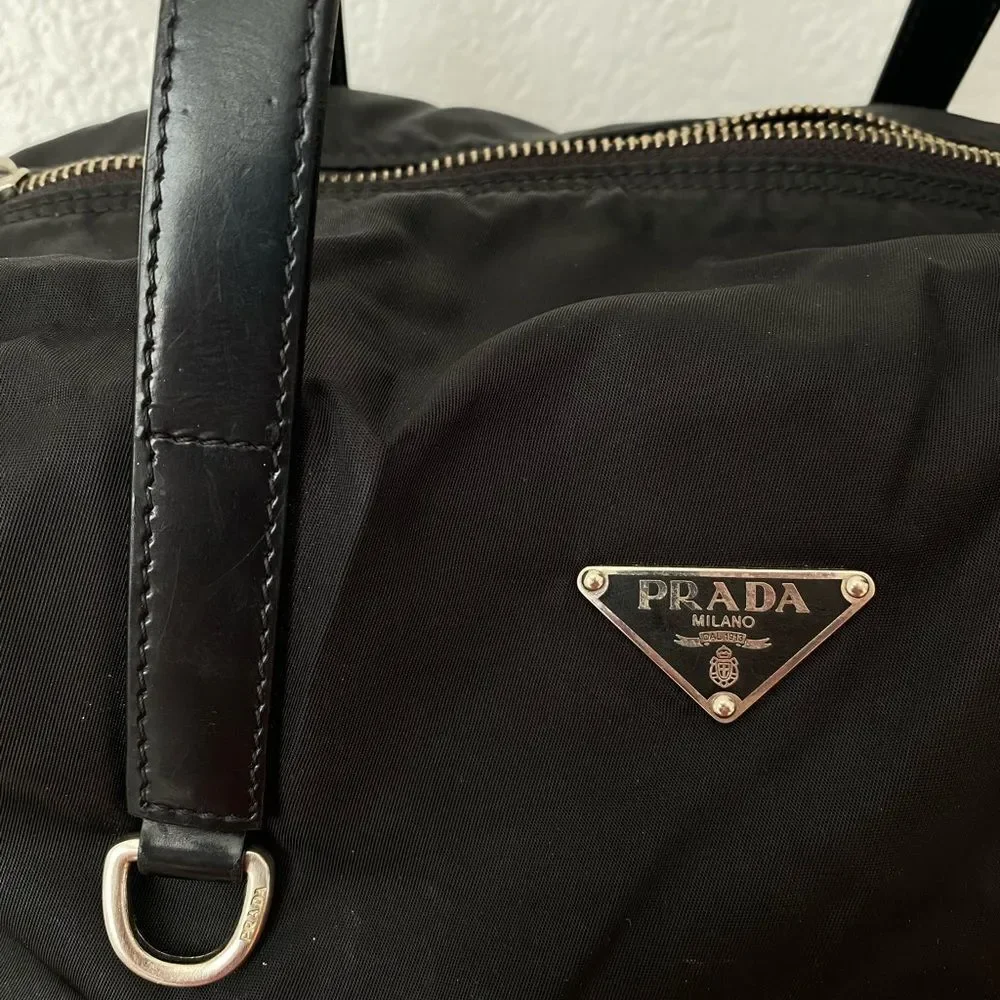 Prada black nylon duffle satchel bag